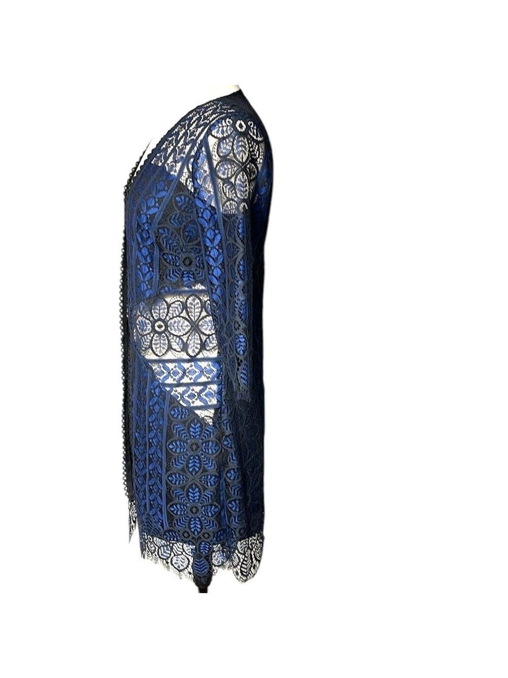 For Love & Lemons Lace Open Front Kimono Cardigan Top SZ L Black Blue - Picture 3 of 5